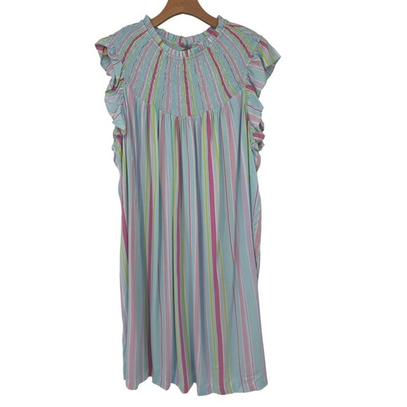 Crown & Ivy Plus Size 3X Aqua Stripe Smocked Ruffle Sleeve  Dress new $89 - Picture 1 of 5